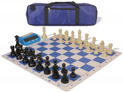 German Knight Large Carry-All Plastic Chess Set Black & Aged Ivory Pieces with Clock & Lightweight Floppy Board - Royal Blue - Image 1