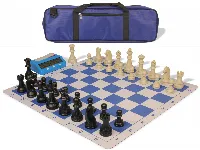German Knight Large Carry-All Plastic Chess Set Black & Aged Ivory Pieces with Clock & Lightweight Floppy Board - Royal Blue