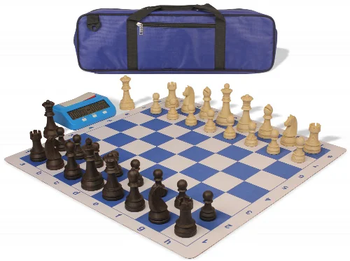 German Knight Large Carry-All Plastic Chess Set with Wood Grain Pieces, Clock & Lightweight Floppy Board - Royal Blue - Image 1