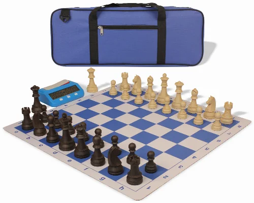 German Knight Deluxe Carry-All Plastic Chess Set Wood Grain Pieces with Clock & Lightweight Floppy Board - Royal Blue - Image 1