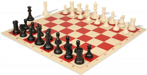 Conqueror Plastic Chess Set Black & Ivory Pieces with Rollup Board - Red - Image 1