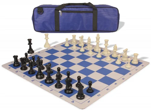 Standard Club Carry-All Triple Weighted Plastic Chess Set Black & Ivory Pieces with Lightweight Floppy Board - Royal Blue - Image 1