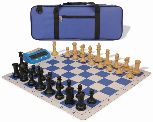 Professional Deluxe Carry-All Plastic Chess Set Black & Camel Pieces with Clock & Lightweight Floppy Board - Royal Blue - Image 1