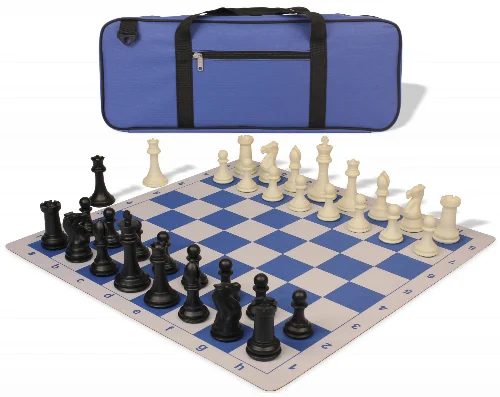 Professional Deluxe Carry-All Plastic Chess Set Black & Ivory Pieces with Lightweight Floppy Board - Blue - Image 1