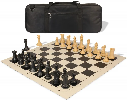 Professional Deluxe Carry-All Plastic Chess Set Black & Camel Pieces with Vinyl Roll-up Board & Bag - Black - Image 1