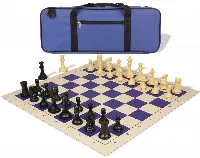 Conqueror Deluxe Carry-All Plastic Chess Set Black & Camel Pieces with Rollup Board - Blue