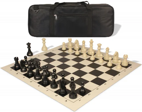 German Knight Deluxe Carry-All Plastic Chess Set Black & Aged Ivory Pieces with Roll-up Vinyl Board & Bag - Black - Image 1