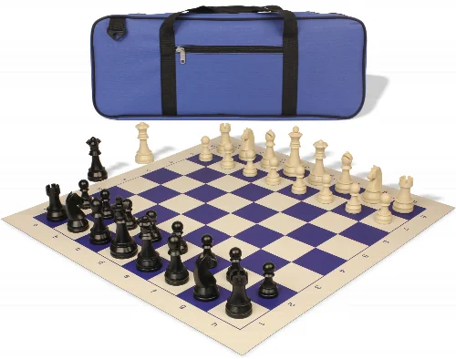 German Knight Deluxe Carry-All Plastic Chess Set Black & Aged Ivory Pieces with Roll-up Vinyl Board & Bag - Blue - Image 1