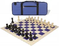 German Knight Deluxe Carry-All Plastic Chess Set Black & Aged Ivory Pieces with Roll-up Vinyl Board & Bag - Blue