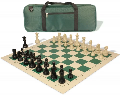 German Knight Deluxe Carry-All Plastic Chess Set Black & Aged Ivory Pieces with Roll-up Vinyl Board & Bag - Green - Image 1