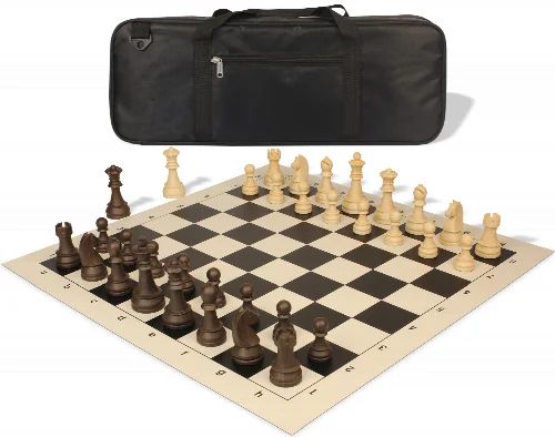 German Knight Deluxe Carry-All Plastic Chess Set Wood Grain Pieces with Vinyl Roll-up Board & Bag - Black - Image 1