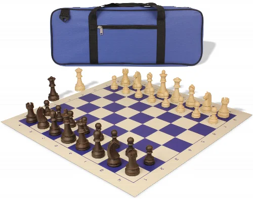 German Knight Deluxe Carry-All Plastic Chess Set Wood Grain Pieces with Vinyl Roll-up Board & Bag - Blue - Image 1