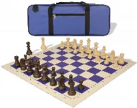 German Knight Deluxe Carry-All Plastic Chess Set Wood Grain Pieces with Vinyl Roll-up Board & Bag - Blue