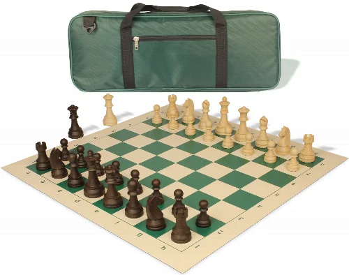 German Knight Deluxe Carry-All Plastic Chess Set Wood Grain Pieces with Vinyl Roll-up Board & Bag - Green - Image 1