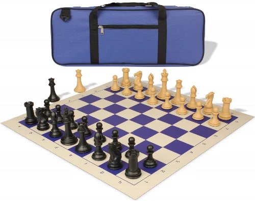 Professional Deluxe Carry-All Plastic Chess Set Black & Camel Pieces with Vinyl Roll-up Board & Bag - Blue - Image 1