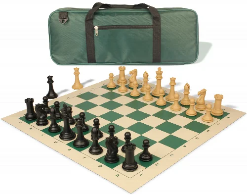 Professional Deluxe Carry-All Plastic Chess Set Black & Camel Pieces with Vinyl Roll-up Board & Bag - Green - Image 1
