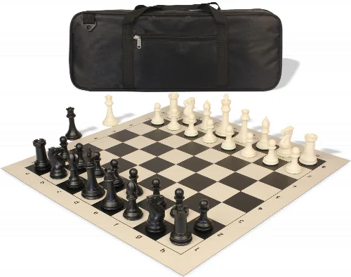 Professional Deluxe Carry-All Plastic Chess Set Black & Ivory Pieces with Vinyl Roll-up Board & Bag - Black - Image 1