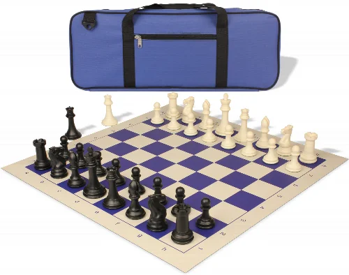 Professional Deluxe Carry-All Plastic Chess Set Black & Ivory Pieces with Vinyl Roll-up Board & Bag - Blue - Image 1