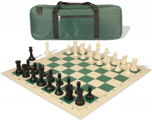 Professional Deluxe Carry-All Plastic Chess Set Black & Ivory Pieces with Vinyl Roll-up Board & Bag - Green - Image 1