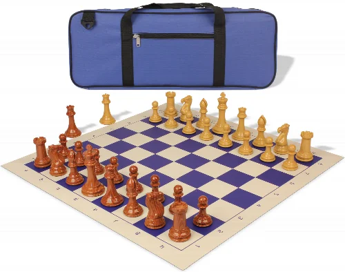 Professional Deluxe Carry-All Plastic Chess Set Wood Grain Pieces with Vinyl Roll-up Board & Bag - Blue - Image 1