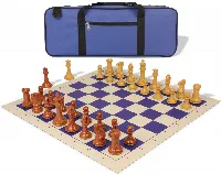 Professional Deluxe Carry-All Plastic Chess Set Wood Grain Pieces with Vinyl Roll-up Board & Bag - Blue