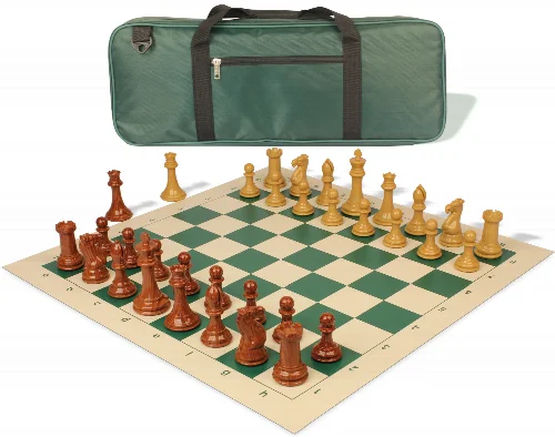 Professional Deluxe Carry-All Plastic Chess Set Wood Grain Pieces with Vinyl Roll-up Board & Bag - Green - Image 1