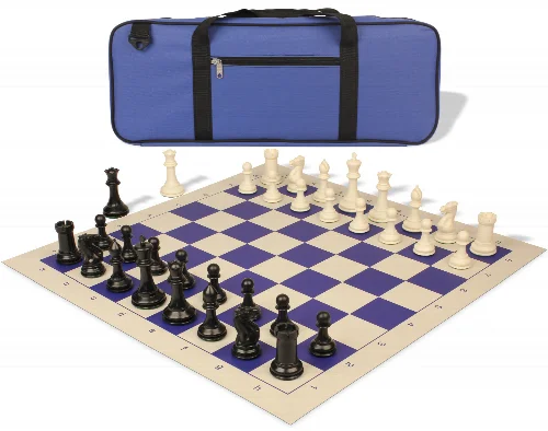 Conqueror Deluxe Carry-All Plastic Chess Set Black & Ivory Pieces with Rollup Board - Blue - Image 1