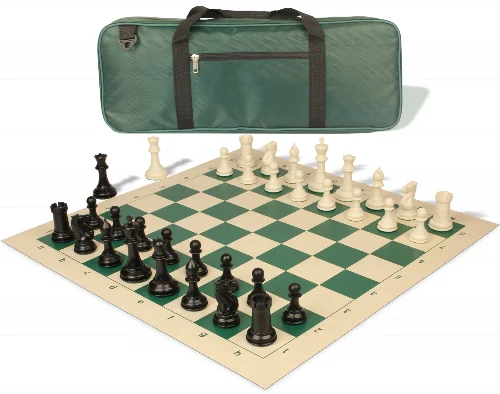 Conqueror Deluxe Carry-All Plastic Chess Set Black & Ivory Pieces with Rollup Board - Green - Image 1