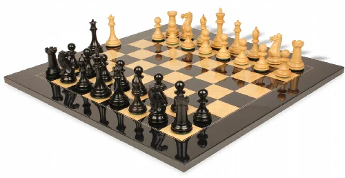New Exclusive Staunton Chess Set Ebonized & Boxwood Pieces with Black & Ash Burl Board - 4" King - Image 1
