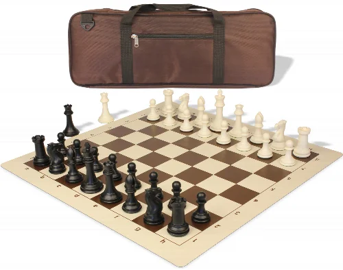 Professional Deluxe Carry-All Plastic Chess Set Black & Ivory Pieces with Vinyl Roll-up Board & Bag - Brown - Image 1