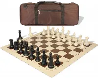 Professional Deluxe Carry-All Plastic Chess Set Black & Ivory Pieces with Vinyl Roll-up Board & Bag - Brown