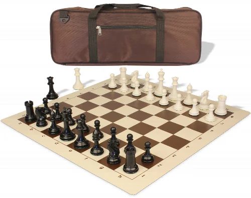 Conqueror Deluxe Carry-All Plastic Chess Set Black & Ivory Pieces with Rollup Board - Brown - Image 1