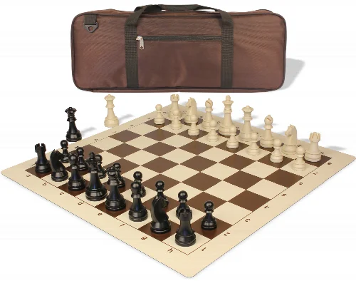 German Knight Deluxe Carry-All Plastic Chess Set Black & Aged Ivory Pieces with Roll-up Vinyl Board & Bag - Brown - Image 1