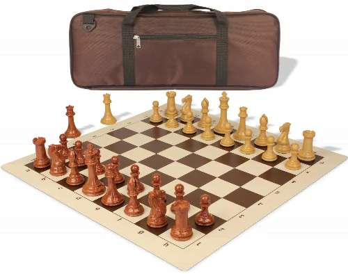 Professional Deluxe Carry-All Plastic Chess Set Wood Grain Pieces with Vinyl Roll-up Board & Bag - Brown - Image 1