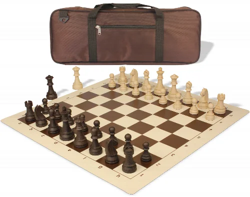 German Knight Deluxe Carry-All Plastic Chess Set Wood Grain Pieces with Vinyl Roll-up Board & Bag - Brown - Image 1