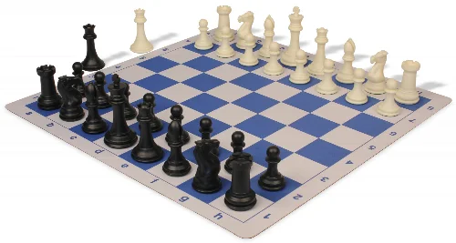 Professional Plastic Chess Set Black & Ivory Pieces with Lightweight Floppy Board - Blue - Image 1