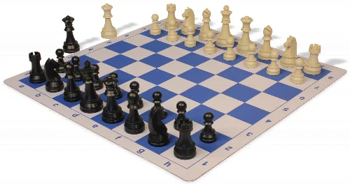 German Knight Plastic Chess Set Black & Aged Ivory Pieces with Lightweight Floppy Board - Blue - Image 1