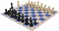 German Knight Plastic Chess Set Black & Aged Ivory Pieces with Lightweight Floppy Board - Blue