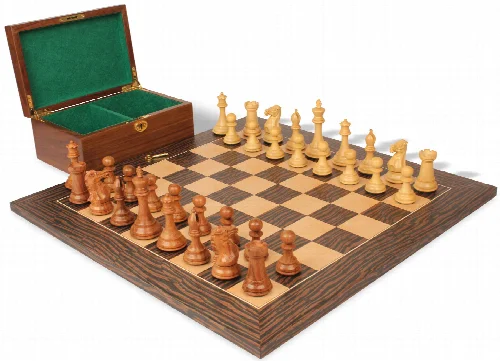 New Exclusive Staunton Chess Set Acacia & Boxwood Pieces with Deluxe Tiger Ebony Board & Box - 4" King - Image 1