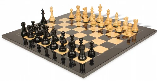 British Staunton Chess Set Ebony & Boxwood Pieces with Black & Ash Burl Board - 3.5" King - Image 1