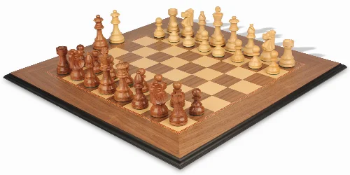 French Lardy Staunton Chess Set Acacia & Boxwood Pieces with Walnut & Maple Molded Edge Board - 3.75" King - Image 1