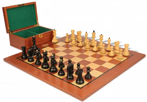 Zagreb Series Chess Set Ebony & Boxwood Pieces with Classic Mahogany Board & Box - 3.875" King - Image 1