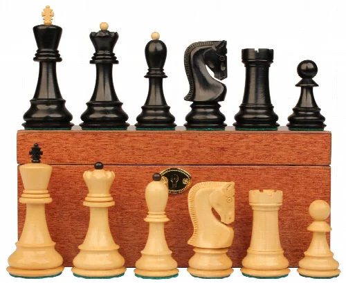 Zagreb Series Chess Set Ebony & Boxwood Pieces with Mahogany Chess Box - 3.87" King - Image 1