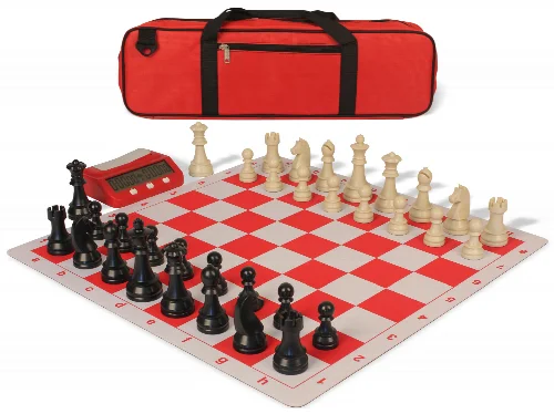 German Knight Large Carry-All Plastic Chess Set Black & Aged Ivory Pieces with Clock & Lightweight Floppy Board - Red - Image 1