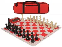 German Knight Large Carry-All Plastic Chess Set Black & Aged Ivory Pieces with Clock & Lightweight Floppy Board - Red
