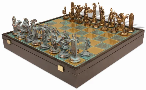 Large Poseidon Theme Chess Set Bronze & Blue Copper Pieces Turquoise Board on Case - Image 1