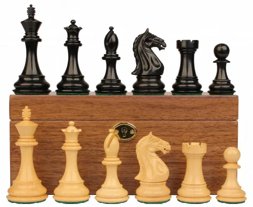 Fierce Knight Staunton Chess Set Ebony & Boxwood Pieces with Walnut Chess Box - 4" King - Image 1