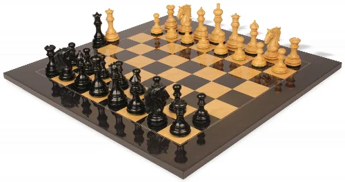 Tencendur Staunton Chess Set Ebony & Boxwood Pieces with Black Ash Burl Board- 4.4" King - Image 1