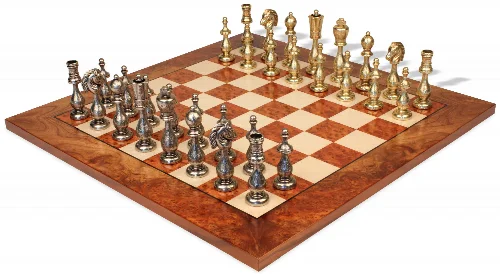 Large Arabesque Contemporary Staunton Metal Chess Set with Elm Burl Chess Board - Image 1