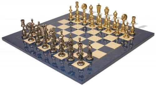 Large Arabesque Contemporary Staunton Metal Chess Set with Blue Ash Burl Chess Board - Image 1